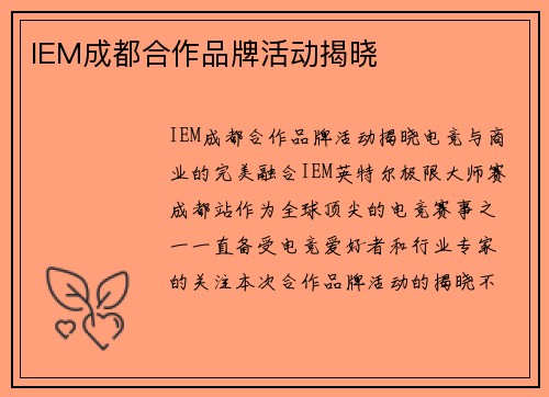 IEM成都合作品牌活动揭晓