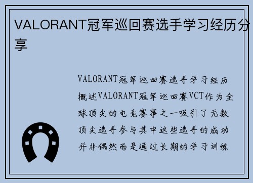 VALORANT冠军巡回赛选手学习经历分享
