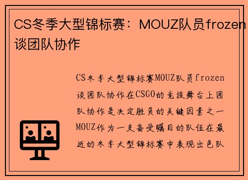 CS冬季大型锦标赛：MOUZ队员frozen谈团队协作
